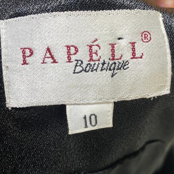 Vintage 90s Papell Boutique Satin Gown Layered Peplum Bodice Embellished Black 8 - Picture 9 of 11